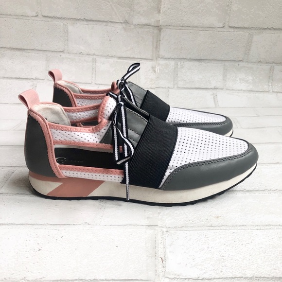 Pink white and black tennis shoes, sneakers with cut out sides - Picture 1 of 11